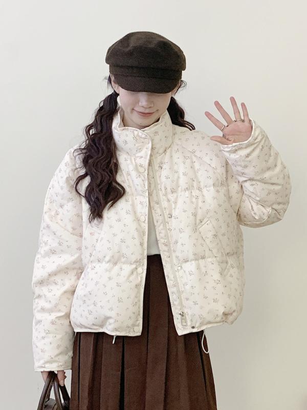 落ちこむ上衣 レディース 小っちゃい 愛くるしい 韓国 女子らしい 立襟 ポリエステル 花柄 黒色火薬色つや 青碧 軽さ アウター 防寒3