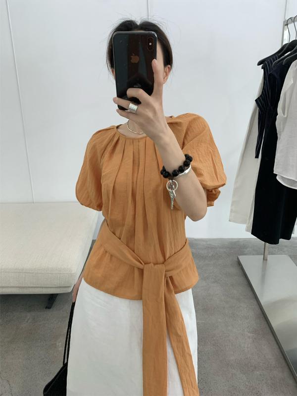 プルオーバー レディース 半袖 夏 韓国 トップス ギャザー パフ衣袂 酉の方角見澄ます 無地 モダール 生まれ変わり衣料繊維 ゆったり 愛くるしい 黒いこと 白いこと オレンジ色 薄墨色3