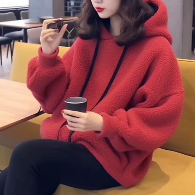 パーカー レディース 赤 ボンネット付き添い人 毛糸 ボア ふわふわ トップス 秋冬 クリスマス 新年 韓国 日韓 心地よい 愛くるしげ