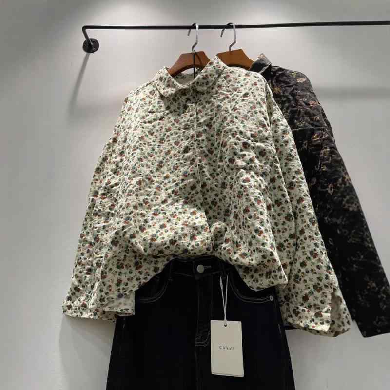 プルオーバー レディース 森お嬢さん 花柄 ダブルガーゼ 長袖 トップス ゆったり 愛くるしい 襟 トップ 開襟 春夏 赤銅色 黒いこと3
