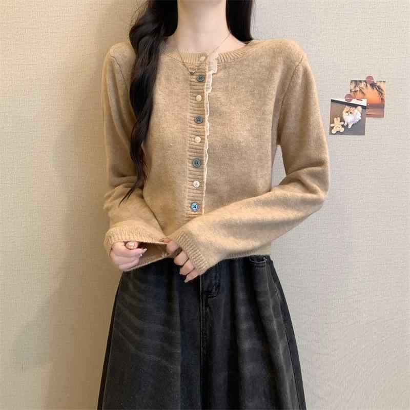 編み物ジレー レディース 春物 トップス カットソー カーキ 薄墨色 黒いこと 色彩設計 長袖 ポロのど首 羽織り 薄っぺら