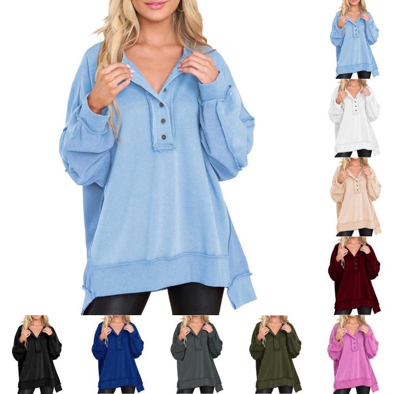 Women's Autumn/Winter Round Neck Sweatshirt, Solid Color, Button Closure, Loose Fit, Long Sleeves, Pullover, Casual Wear, Loungewear, Cute, Available in Black, Gray, and Pink