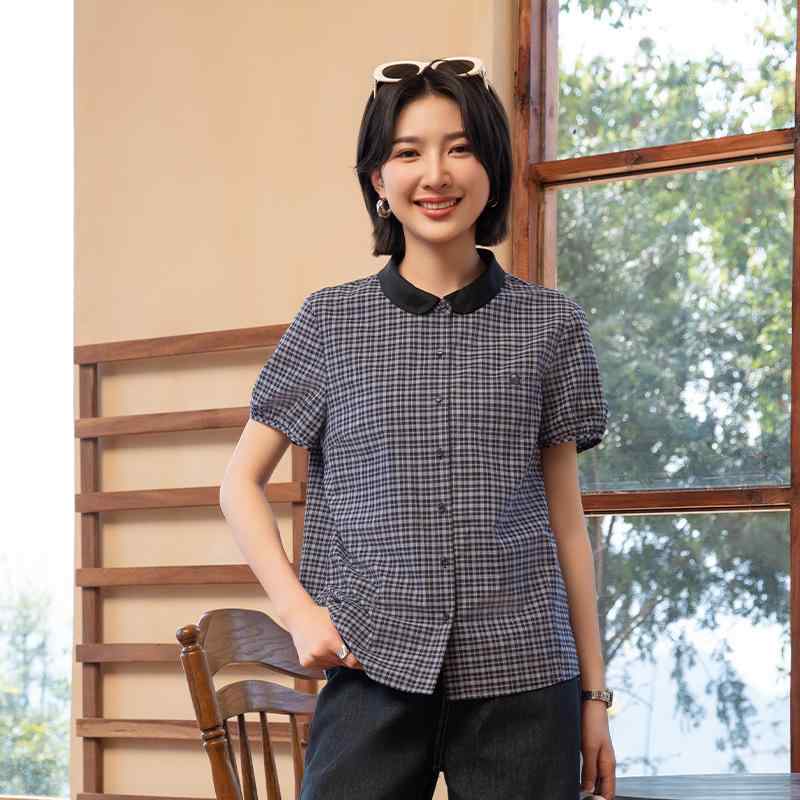 プルオーバー レディース 半袖 透かし彫り柄 襟付き添い人 トップス 綿織物 ゆったり 普段使い走り 通い 青碧系3