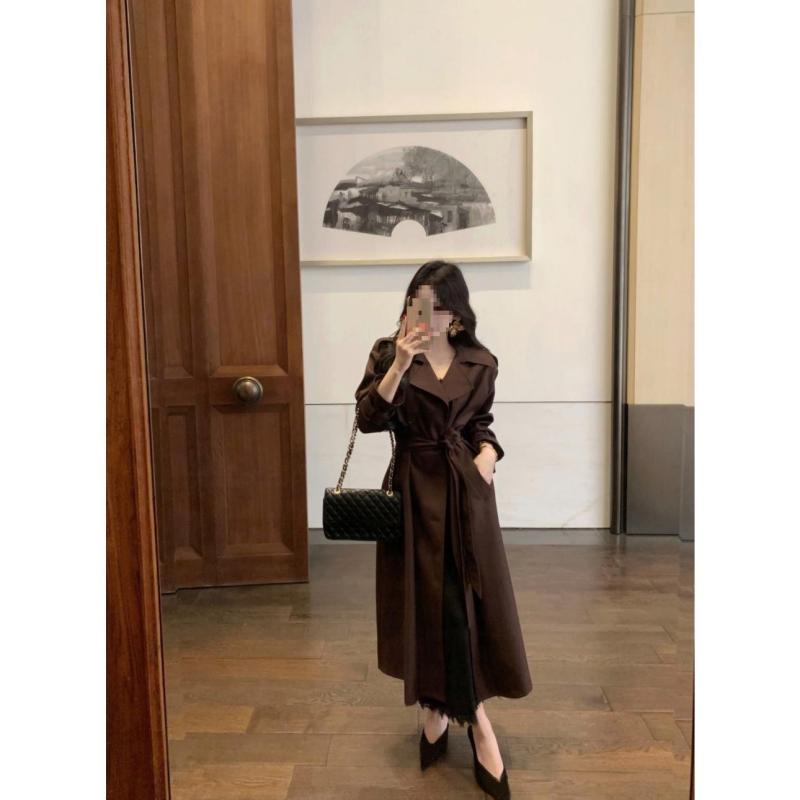 厚地の外套 レディース 秋冬 ダブル乳ぶさ ゆったり 大層らしい大きさ ロング丈 POLO襟 長袖 アウター ヴィンテージ風 雅びやか 三尺帯付き添い人 ポリエステル