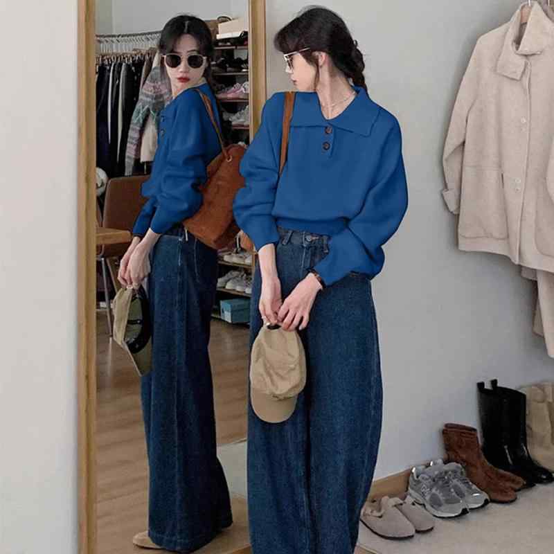 編み物 レディース 秋冬 POLOのど首 青碧 クラインブルー 晴れ晴れしい 伸縮性 ティーシャツ トップス 長袖 普段使い走り 会う約束 着回し ゆったり 愛くるしい