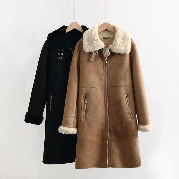 厚地の外套 レディース スエードクロス調 裏起毛 生あたたかい 防寒 カーキ 黒いこと 長袖 翻 collar フロントジップ 無地 アウター 秋冬