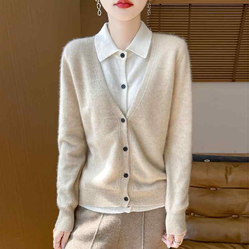 編み物 レディース 秋冬 ジレー フェイクレイヤード POLOのど首 羊毛 トップス 長袖 ティーシャツ ゆったり 並み並み丈 今めかしい 好いたらしいめ ベージュ 点火装置薄墨色 駱駝 エンジ 黒いこと