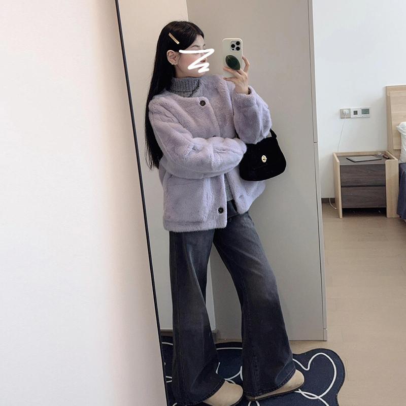 上衣 レディース シーニル 絨毛風 パープル アウター 秋冬 ゆったり 長袖 ポロ襟 愛くるしげ 角袖巡査名媛