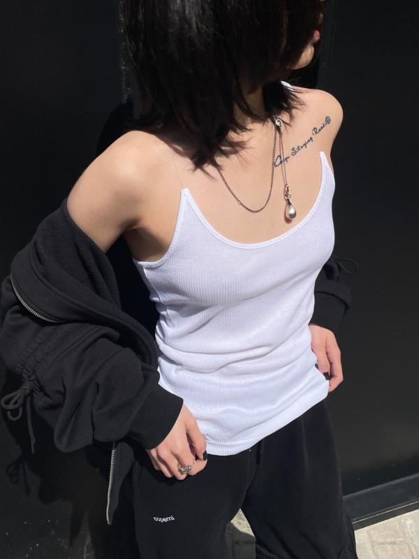貯蔵タンクとっ始め レディース 見せブラジャー風 肩出し ノースリーブ トップス 白 黒 緑3