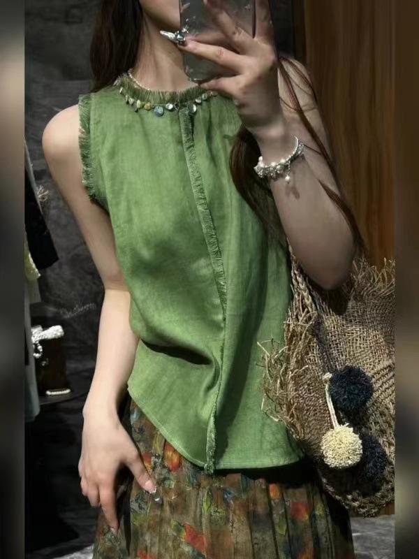 貯蔵タンクとっ始め レディース 麻 リネン トップス 無地 ギャザー フラウンスのど首 カットソー ゆったり 当たること冷感 ノースリーブ トップ 表着 雅びやか 女子らしい 春夏