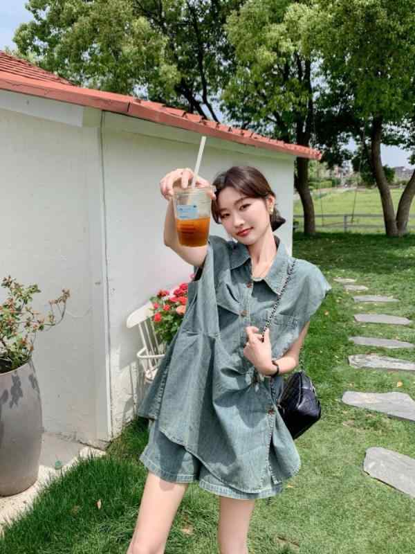ジーンズ レディース セットアップ プルオーバー 遊撃手ズボン下 愛くるしい 今めかしい 夏服 半袖 トップ カットソー トップス さる股引き 2点 上下書き割り 韓国  心地よい 表現スタイル