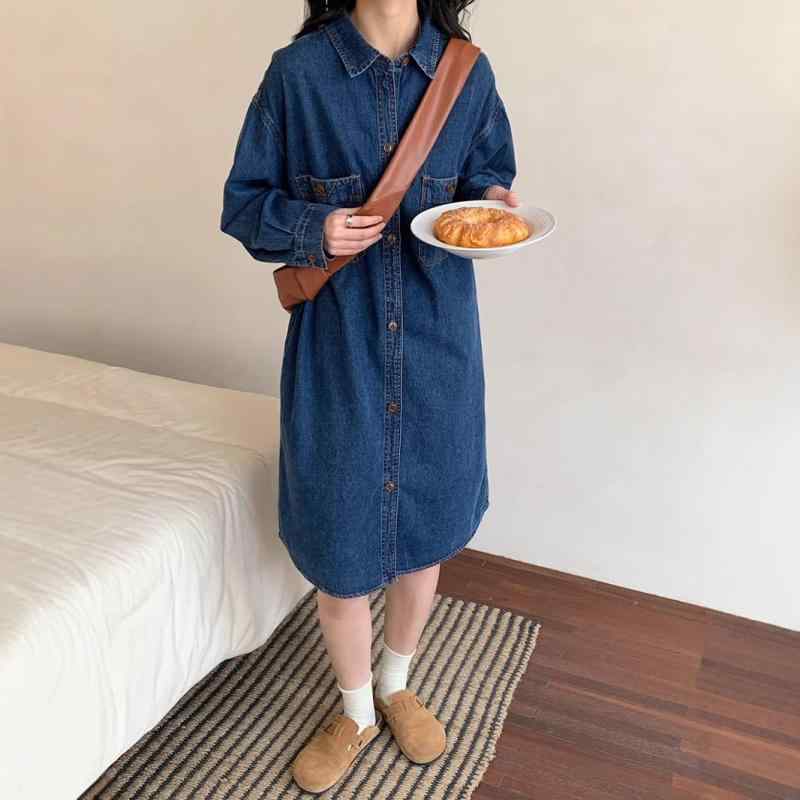 プルオーバー レディース ジーンズ 年月 長袖 襟付き添い人 真っただ中丈 心地よい ゆったり 普段使い走り 深青 薄青3