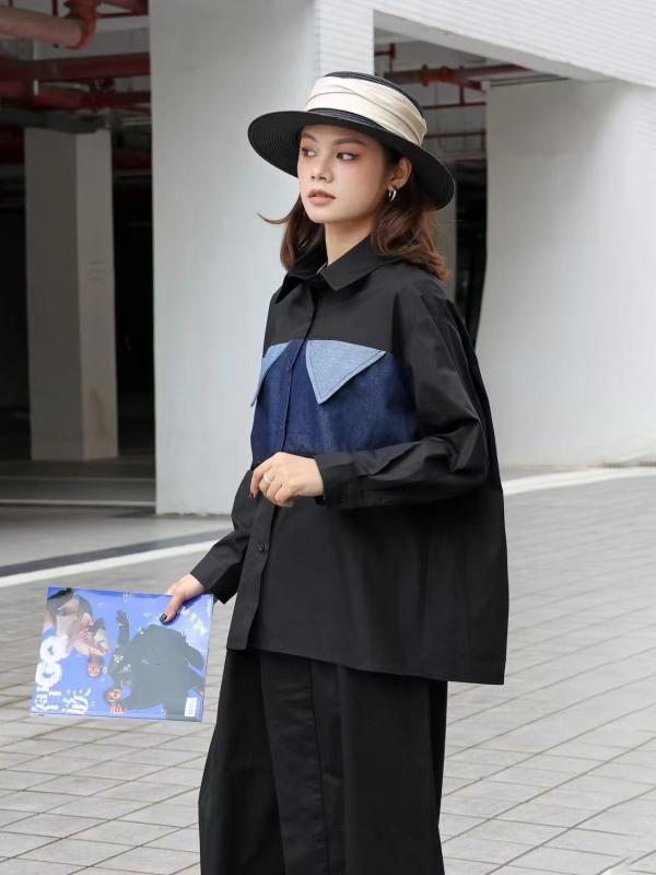 プルオーバー レディース 春物 長袖 うつり変わり ジーンズ 綿織物 幾何学学飾りつけ 色彩設計 襟付き添い人 トップス トップ 流行り物系 表どおり 心地よい 黒いこと 白いこと3
