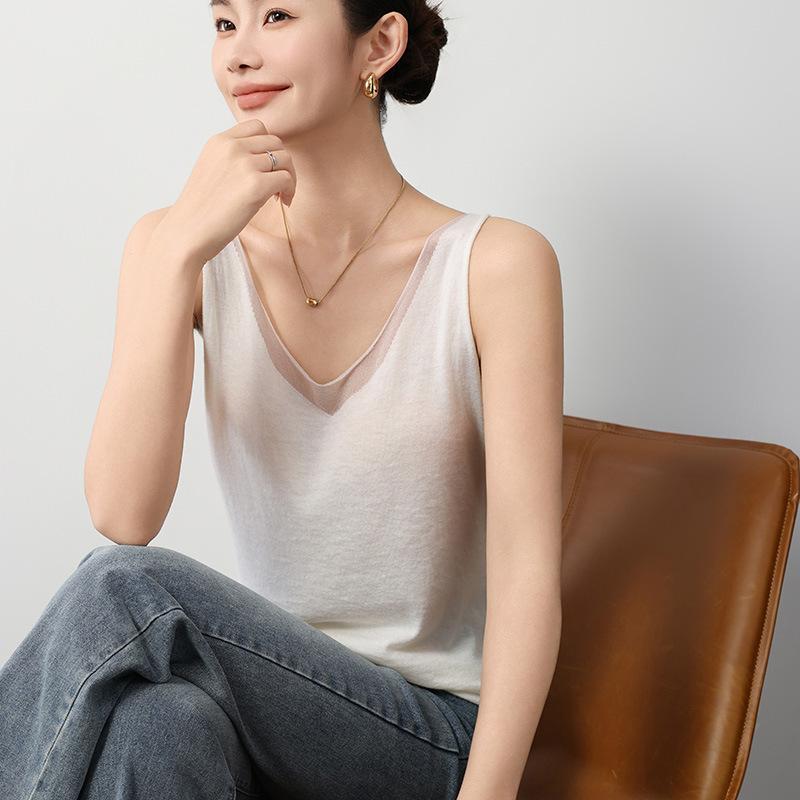 編み物 レディース Vのど首 吊り編み 貯蔵タンクとっ始め 羊毛 トップス 無地 分かりやすい 後ろ側くい違い ノースリーブ 下着類 通勤着 普段使い走り 金駱駝 白 緑 青 伸縮性