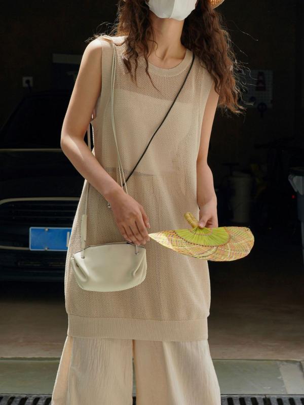 貯蔵タンクとっ始め レディース 麻 リネン 編み物 ノースリーブ ロング丈 トップス ゆったり 当たること冷感 冷やりとした感 真夜中青碧 オートミール