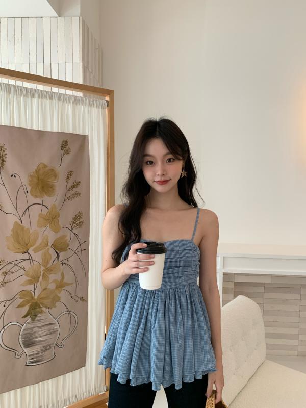 トップス レディース 春夏 照合のしるし柄 吊りとっ始め ノースリーブ 後ろ側くい違い か細い 綿 当たること冷感 普段使い走り 愛くるしい ガーリー 女子らしい