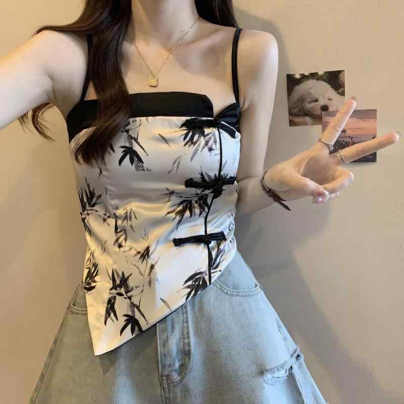 貯蔵タンクとっ始め レディース 大層らしい大きさ 中国風 刷り上げる シフォン トップス 伸縮性 ノースリーブ 表着