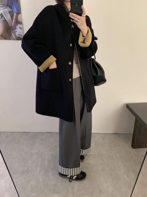 厚地の外套 レディース 秋冬 羊毛 毛・希 ボンネット付き添い人 ロング丈 落っこちる肩肉 ゆったりめ ゴールド 黒 通い 雅びやか