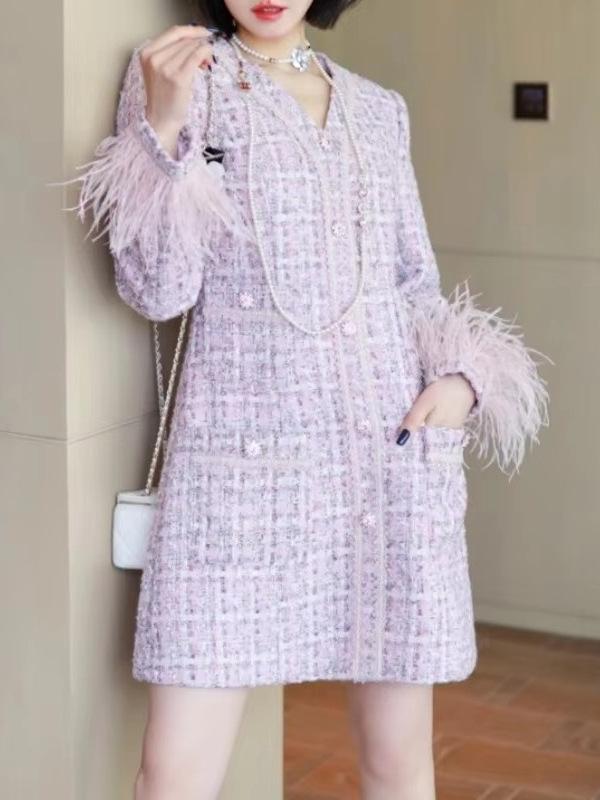 衣裳 レディース 春 A伝達ルート Vのど首 長袖 ツィード 膝丈 ミニ丈 さくら色系 紫 パープル 愛くるしい 今めかしい 雅びやか 雅びやか 好いたらしいめ キュート お呼ばれ 会う約束