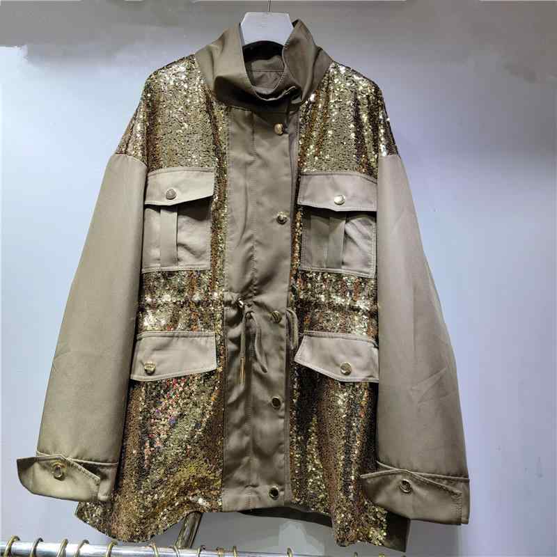 厚地の外套 レディース 高見せかけ スパンコール ポリエステル ロング丈 歳月 韓国 表現スタイル繰り上げる 細見せかけ 着痩せ アウター カーキ 黒いこと