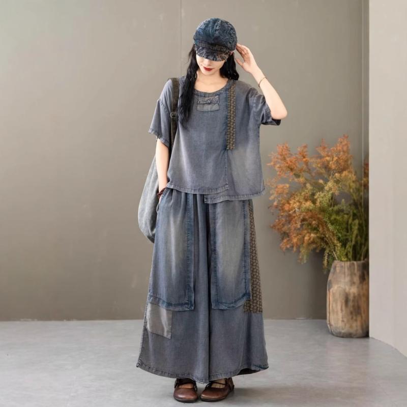 デニム セットアップ レディース 夏 個性 切り替え 半袖 Tシャツ ワイドパンツ ツーピース ブルー ブラック ゆったり 快適 普段使い リラックス3|MIRAIYUKI