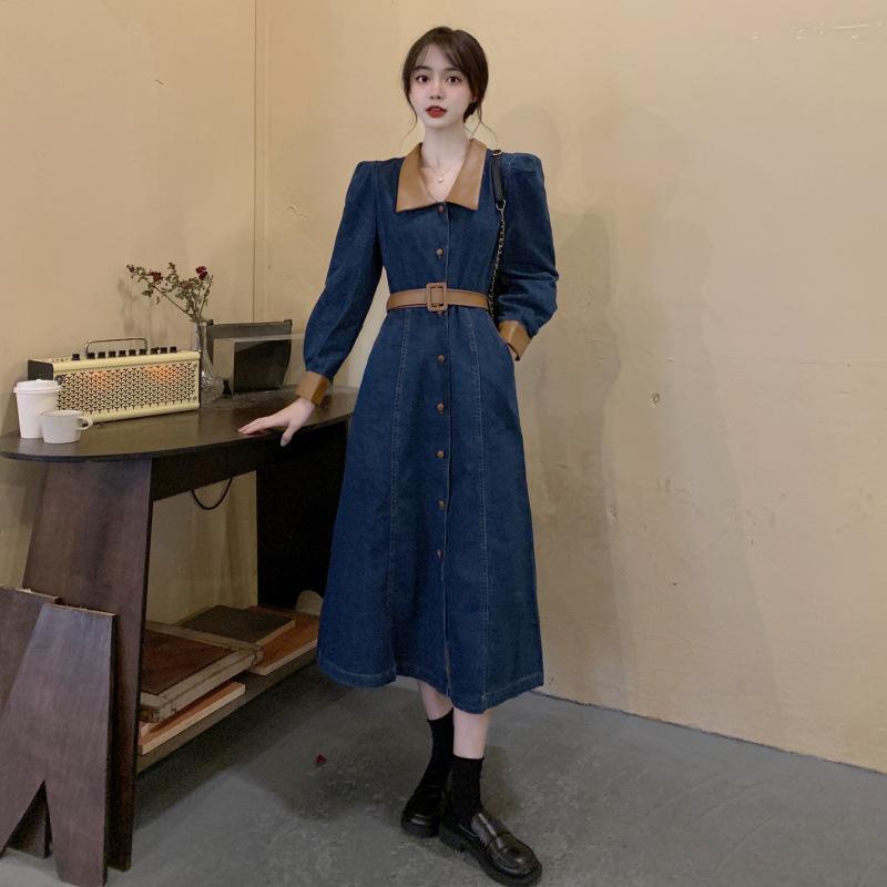 衣装 レディース 気が大きい大きさ レトロ 襟付き添い人 ロング丈 酉の方角うつり変わり シングル乳ぶさ ジーンズ A生産ライン お上さん服 青色系 L XL 2XL 3XL 4XL 体型押しかぶせる 着痩せ ゆったり 通い
