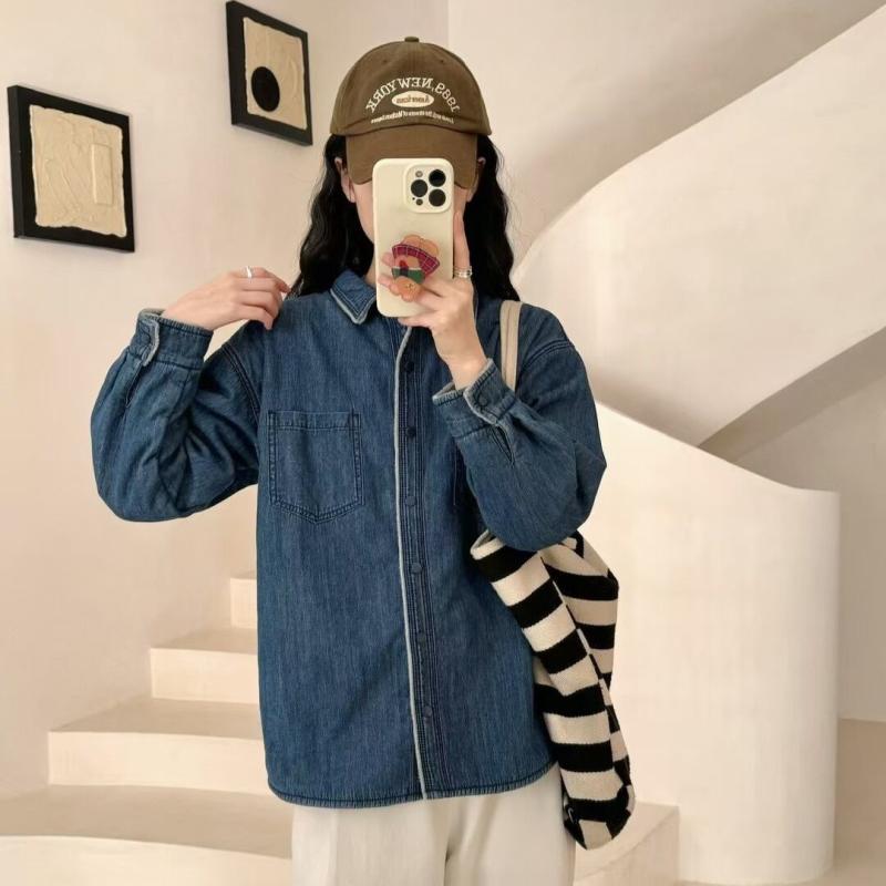 プルオーバー レディース 裏起毛 ジーンズ 襟付き添い人 長袖 トップス ゆったり 浅青色 深青色 秋冬 レトロ3