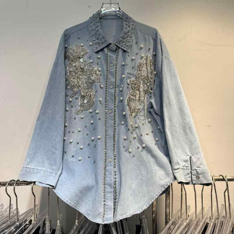 プルオーバー レディース ジーンズプルオーバー トップ 長袖 翻領 青碧 花柄 釘珠 濫りがわしい ゆったり 読みもの ?古 風 欧美風 当たること冷感