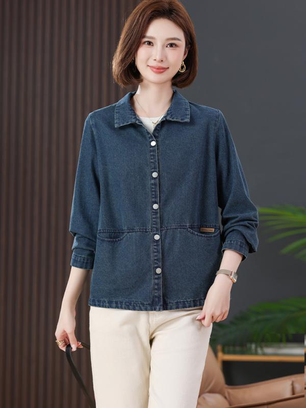 プルオーバー レディース ジーンズ M L XL 2XL 3XL ゆったり お上さん服 亭主持ち 年がしら 普段使い走り 心地よい 長袖 翻領 綿 深藍色 灰藍色