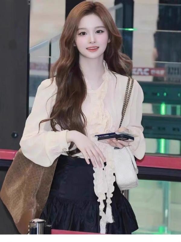 プルオーバー レディース 杏色 ポリエステル シフォン 長袖 襟付き添い人 ゆったり トップ トップス