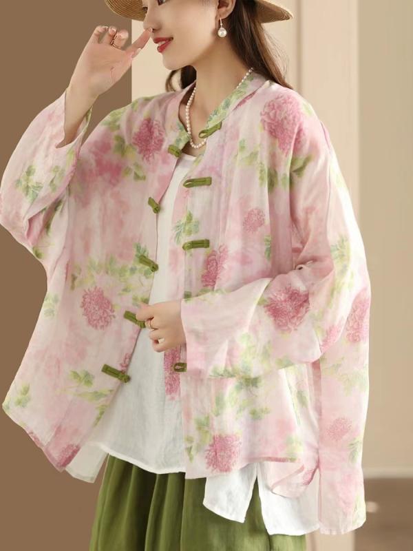 プルオーバー レディース 春夏 レトロ 花柄 苧麻 トップ 新中式 瀬戸もの名取り草 ジレー ゆったり 照明ランプ色合い 長袖 薄っぺら 羽織り トップス 読みもの風 サクラ色系3