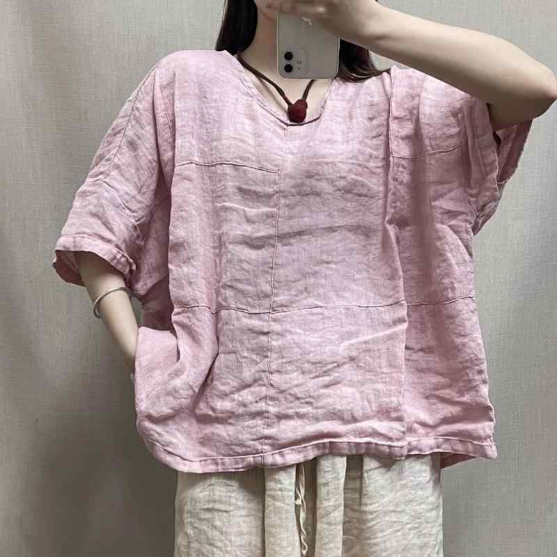 プルオーバー レディース 麻 リネン プルオーバー トップス トップ カットソー 春夏 半袖 ラウンドのど首 丸首 ゆったり コウモリ傘袖 ドルマンスリーブ うつり変わり バイ色合い サクラ色系 緑であること ぶどう酒赤いこと 赤銅色 白いこと3