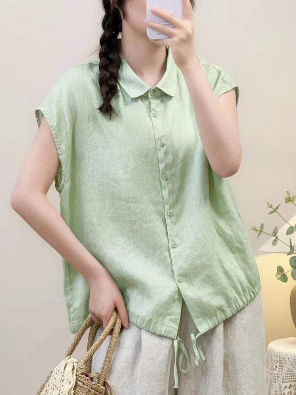 プルオーバー レディース 麻 リネン 抽? 襟付き添い人 半袖 ジレー ゆったり トップス 無地 黄味がかった 白 緑 パステルカラー 通い3