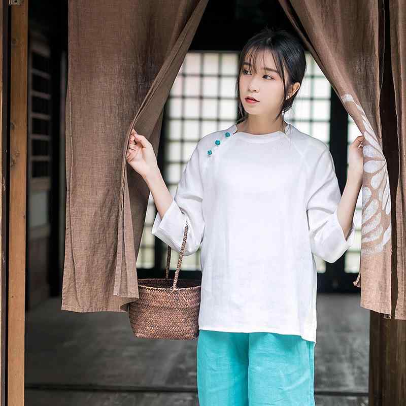 プルオーバー レディース リネン トップス 春夏 ゆったり ティーシャツ 中国風 瀬戸もの風 レトロ M L 9分袖 麻 うつり変わり ラウンドのど首 トップ 国風3