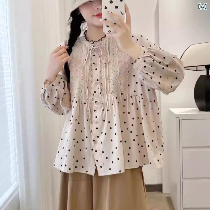 プルオーバー レディース 森お嬢さん 麻 リネン 波一点柄 花柄スピード競技襟 長袖 トップ ゆったり 杏色 象牙色3
