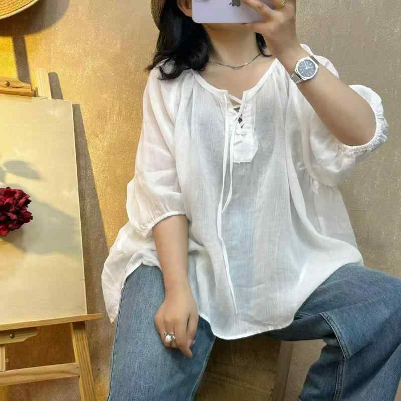 ティーシャツ レディース 春夏 レトロ 読みもの風 麻 リネン ?麻 ゆったり 体型取りまかなう 提燈衣袂 トップス トップ ティーシャツ ラウンドのど首3