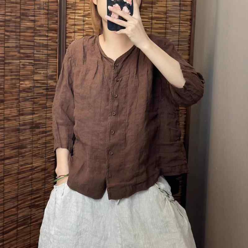 プルオーバー レディース 麻 リネン Vのど首 半袖 トップス トップ 前くい違い 無地 ゆったり 読みもの風 白 黒 黄味がかった 緑 珈琲色3