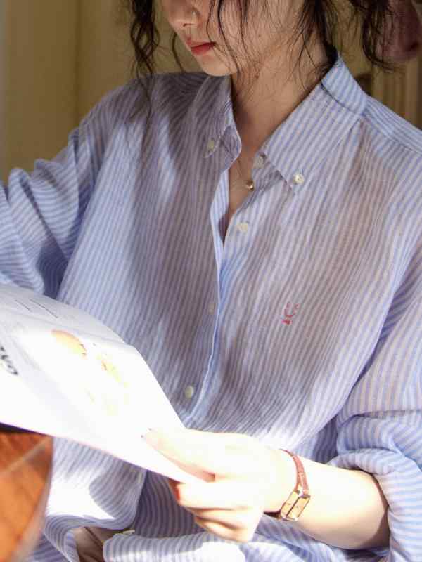 プルオーバー レディース 縞模様柄 麻混 長袖 トップス 青色系 白いこと系 POLO襟 刺しゅう 自然哲学UVとり捨てる 紫外線打つ手 通勤着 普段使い走り3