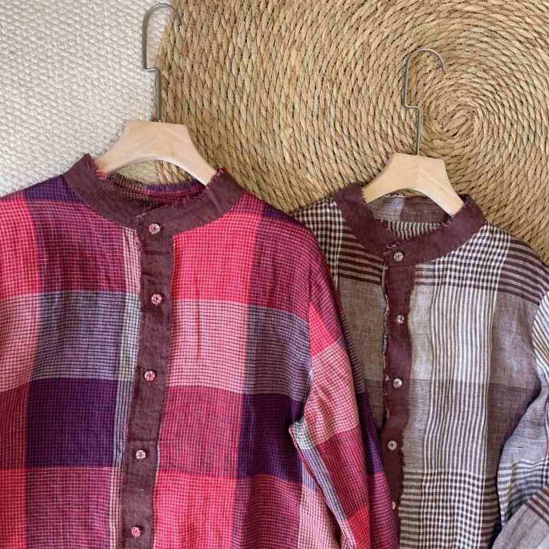 プルオーバー レディース 春夏 リネン 麻 透かし彫り柄 うつり変わり 立襟 半袖 トップ ゆったり 読みもの風 レトロ 赤 珈琲色