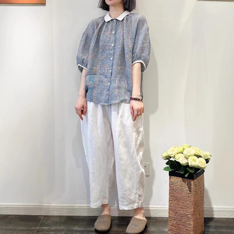 プルオーバー レディース 春夏 リネン 麻 ポロ襟 半袖 トップス トップ ゆったり 藏藍色 クジャク藍 青色系 サクラ色系 透かし彫り柄 読みもの風 レトロ3
