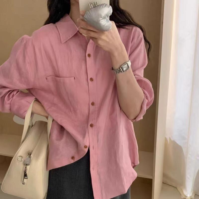 ティーシャツ レディース リネン 麻 トップス 長袖 襟付き添い人 韓国 ゆったり 無地 心地好い 分かりやすい 白 黄味がかった 紺3