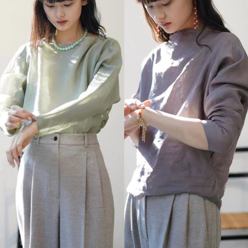 ティーシャツ レディース 上着 ?麻 麻 リネン 長袖 一字襟 コウモリ傘袖 ゆったり 撞色 春夏 緑であること パープル 黄色系