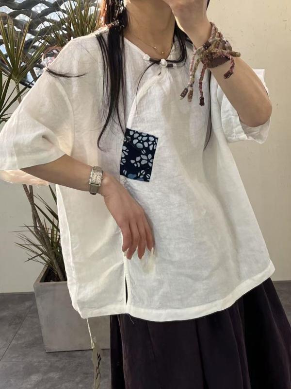 プルオーバー レディース リネン 半袖 表着 ティーシャツ 麻 カットソー ラウンドのど首 うつり変わり 読みもの風 レトロ さくら色系 赤いこと 緑であること オレンジ色系