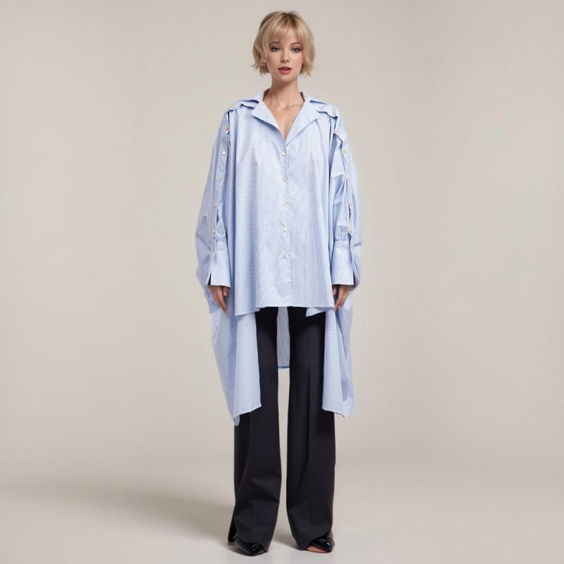 プルオーバー レディース 長袖 縞模様柄 襟付き添い人 シングル乳ぶさ  表着丈 ゆったり 青碧 綿 ポリエステル 日韓表現スタイル