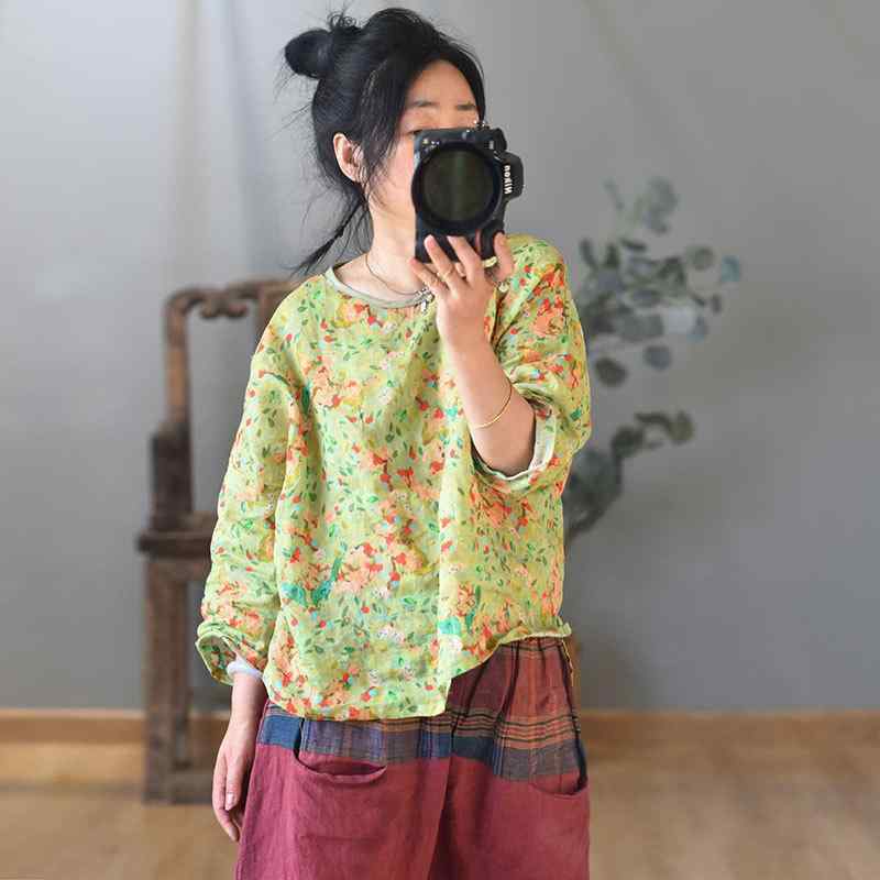 ティーシャツ レディース 春夏 麻 リネン トップス トップ ティーシャツ ゆったり 丸首 九分袖 花柄 カットソー レトロ 今めかしい 愛くるしげ 緑であること系 黄色系 オレンジ色系3