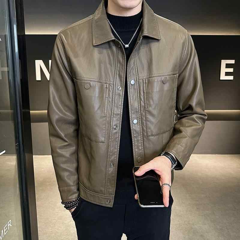 上衣 成人男性用 PUなめし革 裏起毛 多隠し 秋物 翻襟 真っただ中丈 黒いこと 珈琲 普段使い