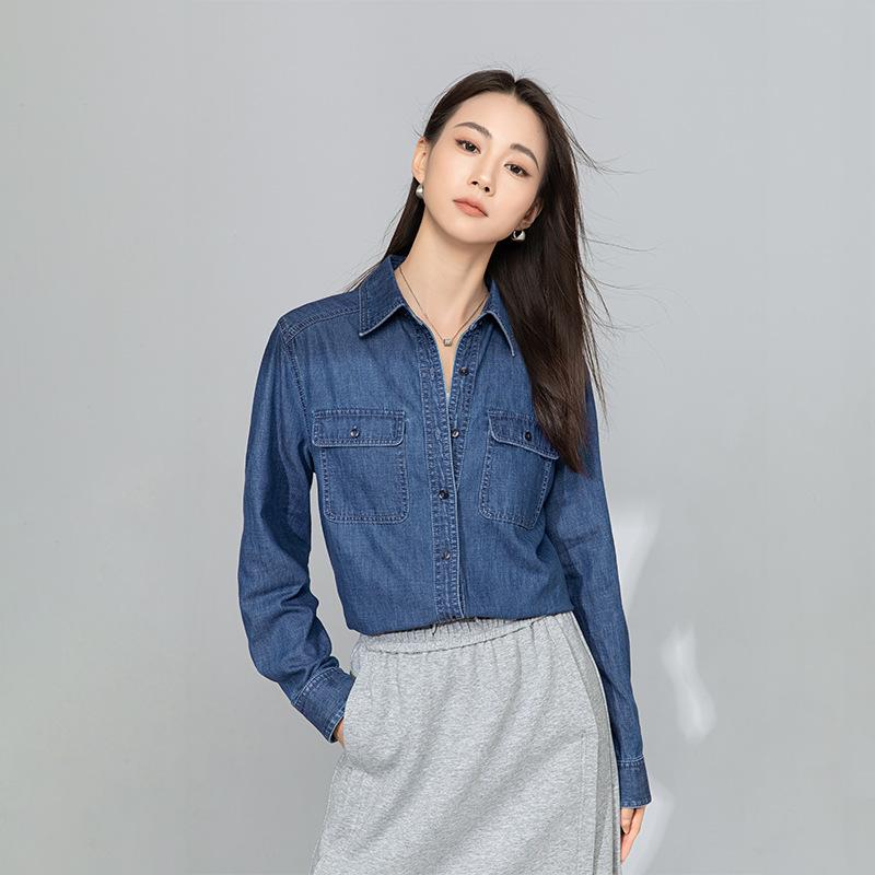 プルオーバー レディース ジーンズ 青色 長袖 トップス 綿織物 ウォッシュ産業 ポロ襟 か細い 重ね着 肌付き 日韓表現スタイル 心地よい