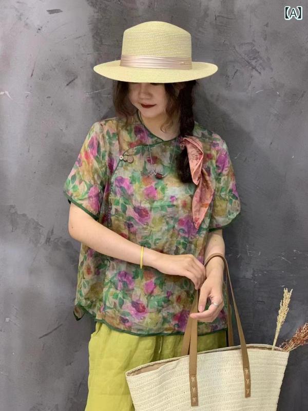 プルオーバー レディース 半袖 リネン 麻 花柄 Vのど首 トップ トップス ゆったり 読みもの風 レトロ 愛くるしげ 春夏3