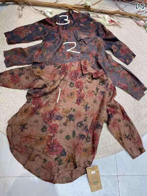 プルオーバー レディース 麻 リネン 花柄 長袖 開襟 中丈 トップス ゆったり 読みもの風 レトロ3