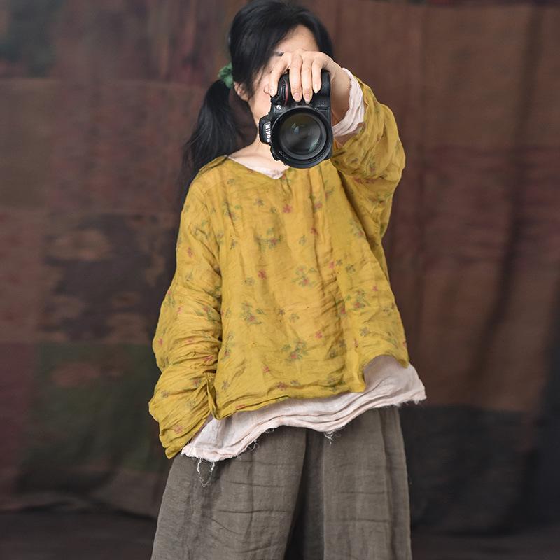 プルオーバー レディース Vのど首 長袖 ティーシャツ 苧麻 リネン ゆったり トップ トップス 中国風 読みもの返り咲き風 黄花柄 緑花柄 春夏3